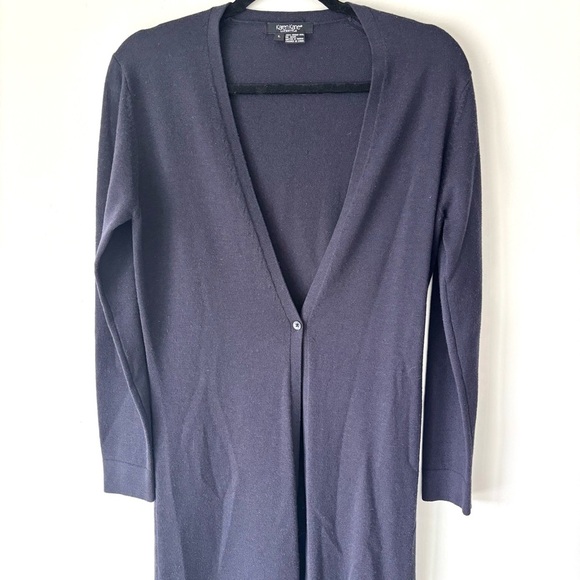 Karen Kane Lifestyle Extra Long Navy Blue Knit Cardigan 100% Merino Wool - Picture 3 of 11